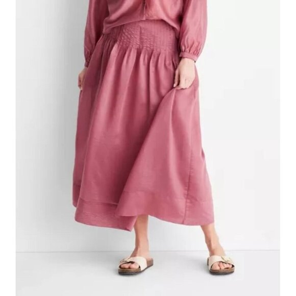 Future Collective Smocked Midi Skirt Size 14 Mauve Pink 100% Polyester - Picture 1 of 7